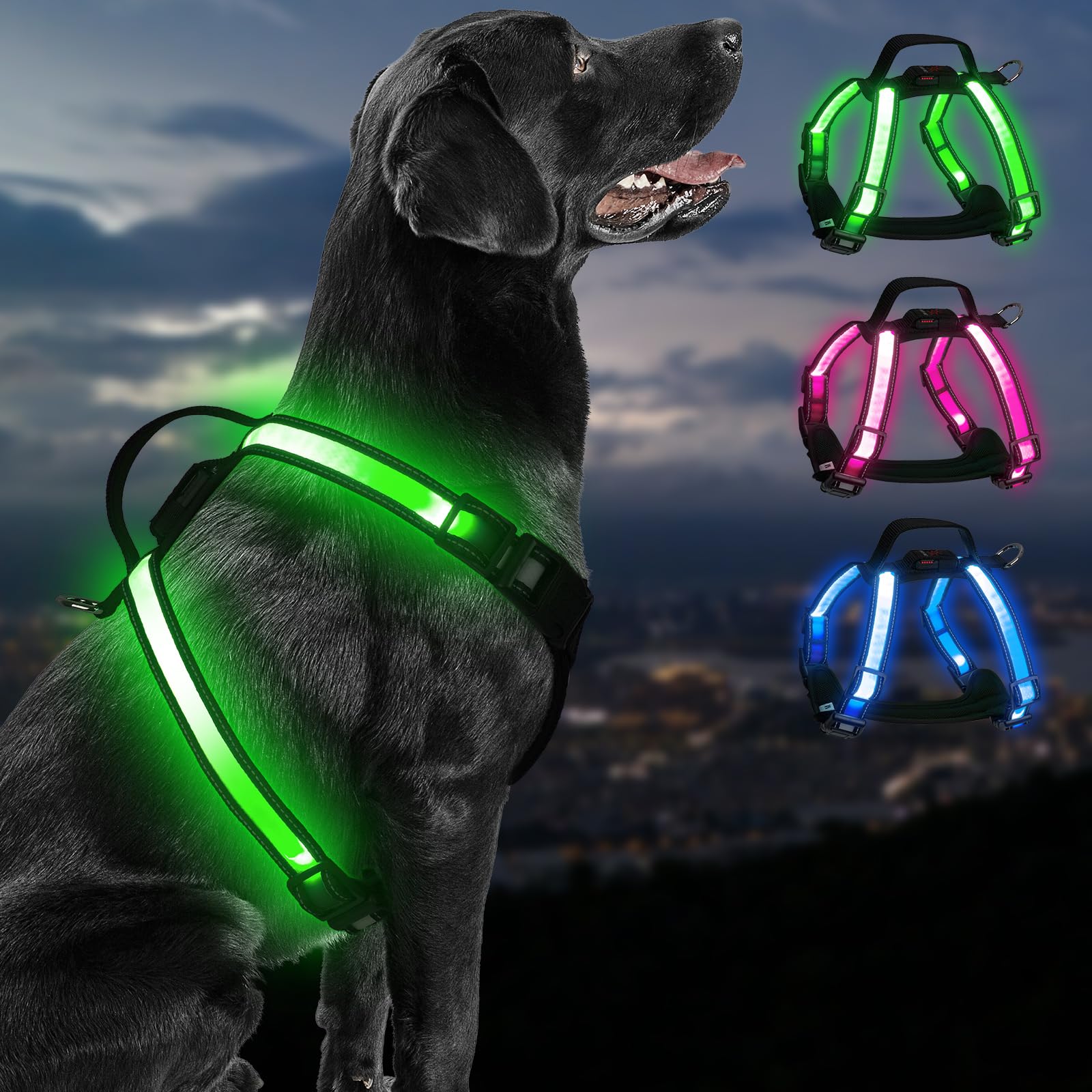 Photo 1 of PZRLit Rechargeable LED Dog Harness – Multi-Color Light Up Glow Dark Vest with Reflective Strips, Waterproof Adjustable Soft Mesh Safety Harness for Small Medium Large Dogs Night Walking-Medium
