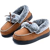 DL Women's Fuzzy Warm Moccasin Slippers Memory Foam, Soft Fluffy Winter House Closed Back Fur Lined, Cozy Ladies Suede Indoor Bedroom Houseshoes Non-Slip