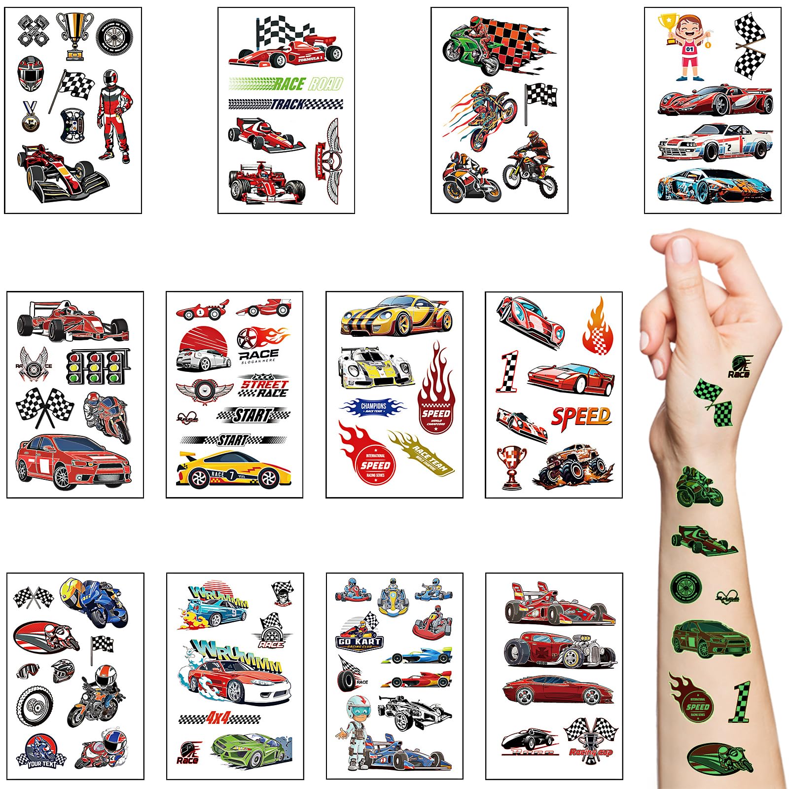 Racing Car Temporary Tattoos,12 Sheets Luminous Car Theme Fake Tattoo Stickers Waterproof Glow In The Dark Race Car Tattoos for Boys Girls Kids Party Supplies