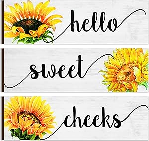Jetec 3 Pieces Farmhouse Bathroom Wall Decors Hello Sweet Cheeks Signs Sunflower Rustic Bathroom Wall Art Sign Bathroom Wooden Sign Vintage Wood Decorations for Home Laundry Room Bathroom
