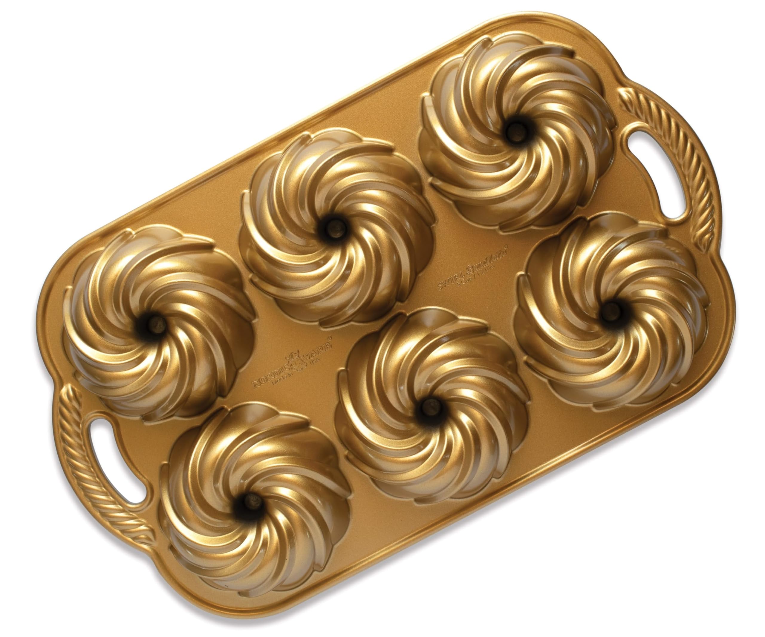 Nordic Ware Swirl Bundtlette Pan, Cast Aluminium Bundt Tin, Bundt Cake Tin with Swirl Pattern, Premium Cake Mould Made in The USA, Colour: Gold