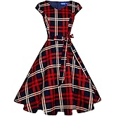 OBBUE Women's Vintage Cocktail Dresses V Neck 1950s Dresses Homecoming Party Short Sleeves Dress with Pockets