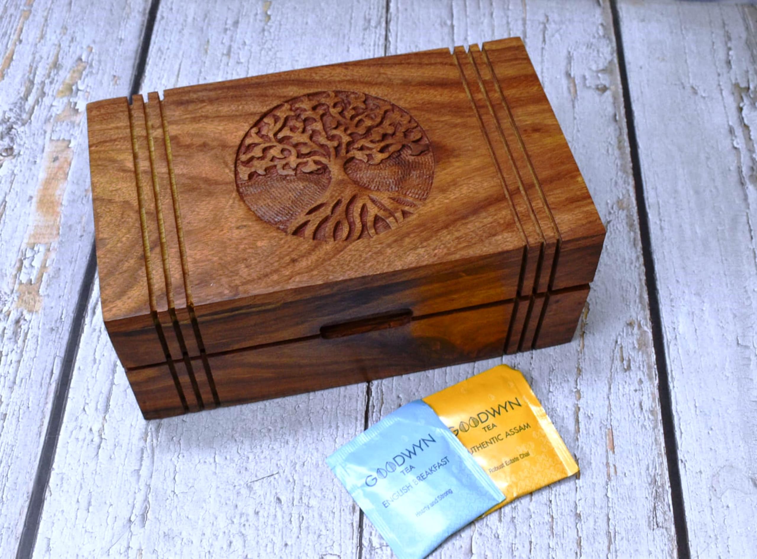 India House Wooden Tea Box Natural with 6 Compartments - Engraved Hardwood Tea Chest with 6 Compartments - Tea Storage Box Multi Functional - Wood Tea Box Organiser - 10 x 6 x 4 inches (6 section)