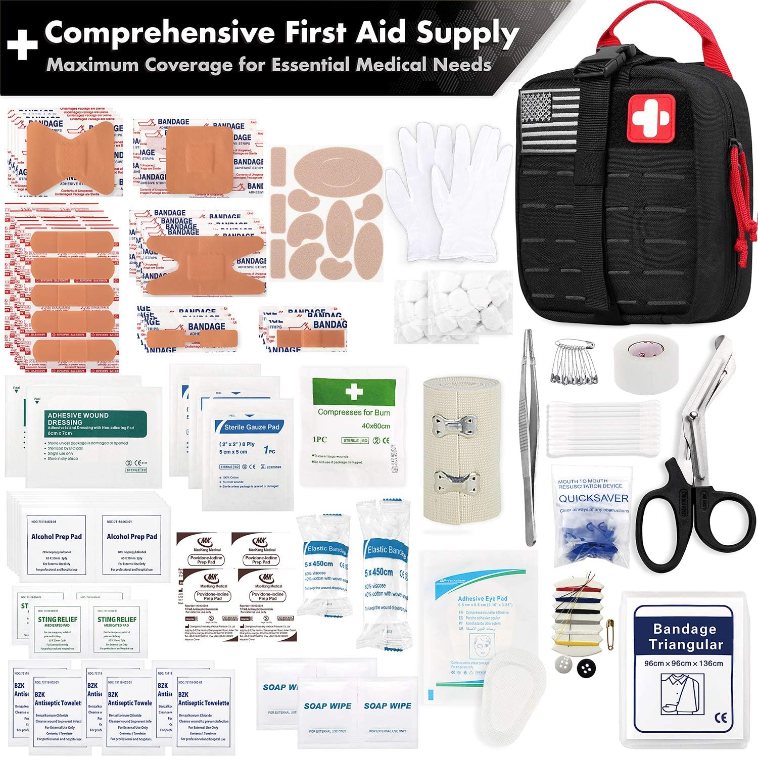 Everlit Survival Upgraded Survival First Aid Kit Emergency Gear Trauma Kit with 1000D Nylon Laser Cut Tactical EMT Pouch for Outdoor, Camping, Hunting, Hiking, Earthquake, Home, Office (Black): Health & Personal Care