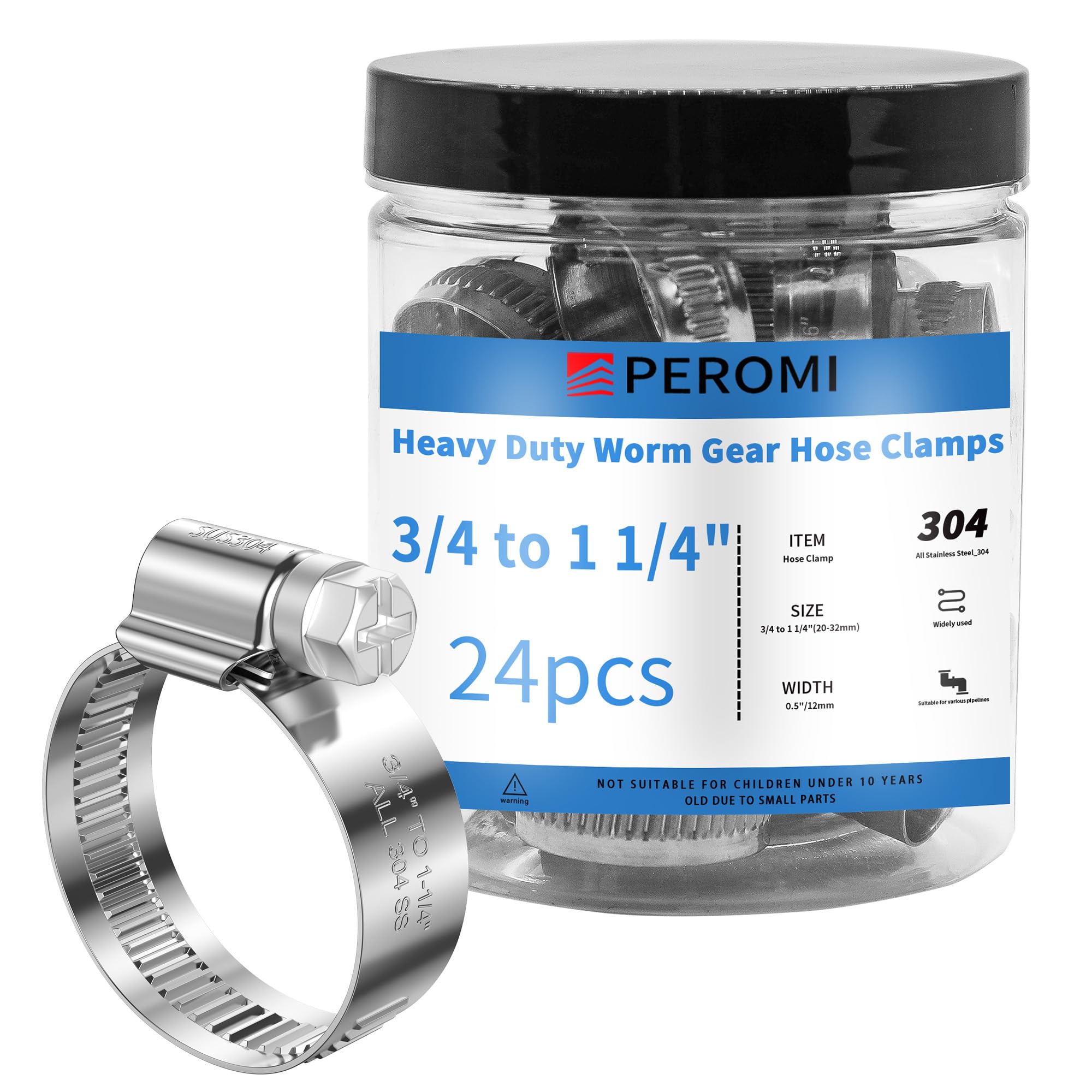 Photo 1 of PEROMI 24PCS Heavy Duty Hose Clamps Stainless Steel 304,3/4" Hose Clamp to 1-1/4" Hose Clamp (20-32mm) Adjustable Worm Gear Drive Small Radiator Hose Clamps Pipe Clamp for Plumbing,Car, Garden