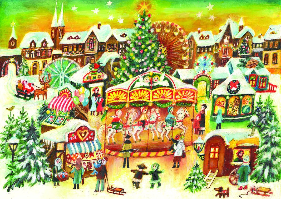 Large Advent Calendar 24 Doors 355 x 260 mm - Snowscene Carousel in Village - with Glitter and Translucent Windows - RS 790 - Traditional Antique German Design