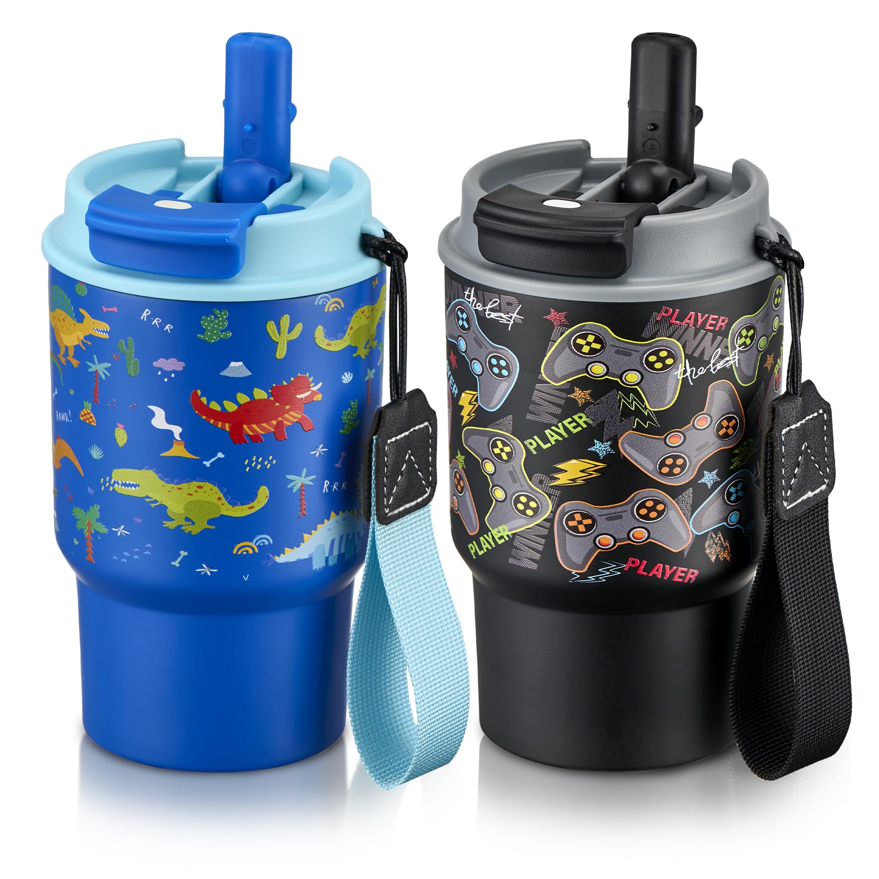 Photo 1 of 13.5oz Kids Insulated Tumbler with Straw,2 Pack Kids Insulated Water Bottle Stainless Steel Double Wall Vacuum Tumbler with 2 in 1 Sip/Swig Lids,Leak Proof Water Bottle for School(Dinasour+Gamepad)