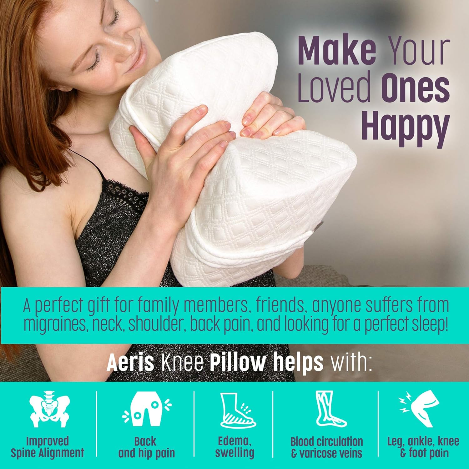 AERIS Knee Pillow for Side Sleepers -%100 Memory Foam Leg Pillow for Sleeping - Helps with Back & Hip Pain, Sciatica Pain Relief, Restless Leg Syndrome, Scoliosis - Great Between Legs When Sleeping: Home & Kitchen