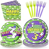 Greencian 96Pcs Cartoon Story Party Supplies 3rd Birthday Plates and Napkins Disposable Space Adventure Tableware Set for Astronaut Robot Theme 3 Years Old Party Decorations Serves 24