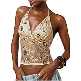 MakeMeChic Women's Sequin Halter Top Floral Mesh Sheer Tie Back Summer Going Out Crop Top