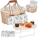 Zettfuly Picnic Basket Set for 2 - Wicker Insulated Picnic Basket with Waterproof Blanket, Folding Wine Picnic Table & Cutlery Kits, Picnic Baskets Kit for Camping, Outdoor, Valentine (Leaf)