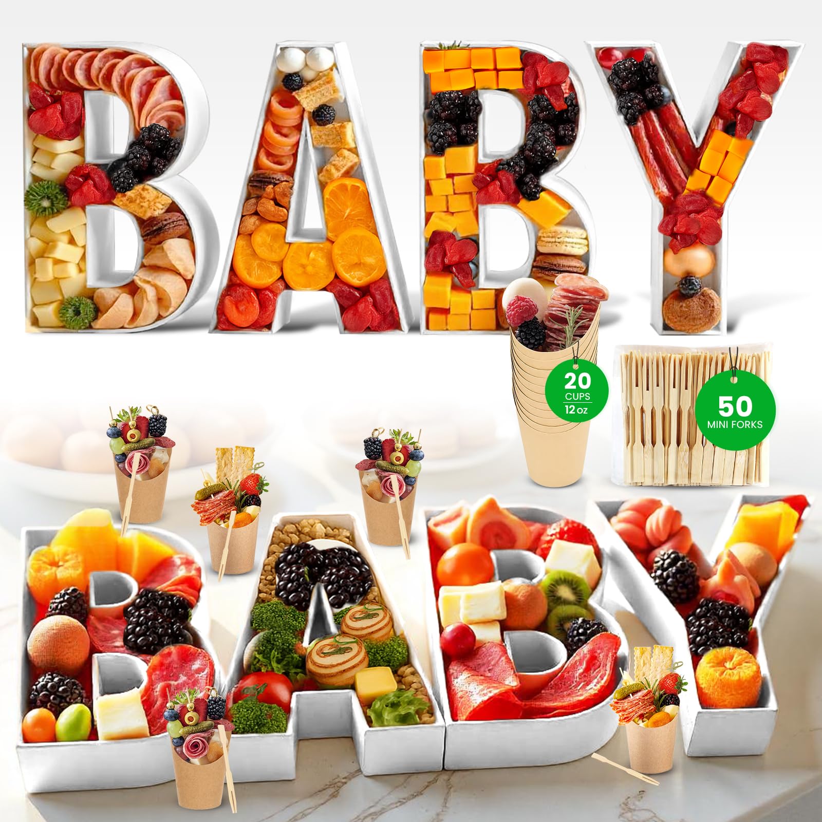 Photo 1 of 12" Baby Letters for charcuterie Board and fillable Letters for Food, Safe Baby Shower Food Display, Paper charcuterie cups with food pick, 6 Pcs Letter Food Trays for Party from Paper Mache Letters