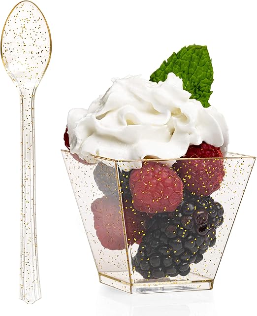100 Mini Plastic Dessert Cups with Spoons 2 oz Gold