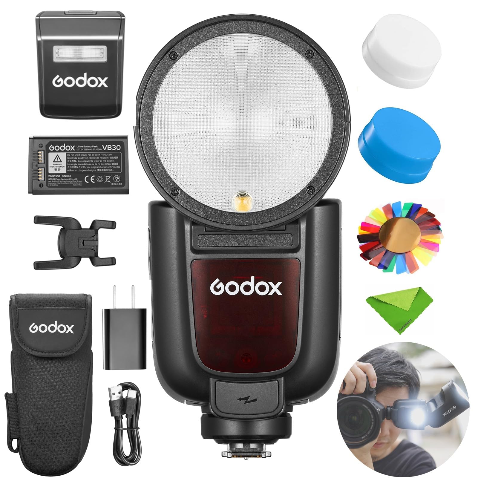 【Godox Authorized Actor】 Godox V1Pro-F Flash for Fujifilm Cameras, TTL Speedlite 1/8000 HSS 500 Full Power Flash, 1.3 Second Recycle Time, 2.4G Wireless, with External Flash SU-1 (V1Pro F)
