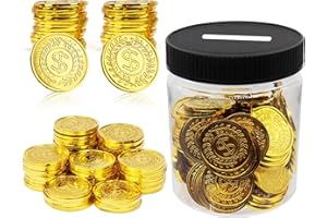 Mczxon Plastic Gold Coins 100 Count, Pirate Treasure Play Golden Toy Coins Bulk with Coin Jar, Small Plastic Play Gold Prop Pirate Reward Tokens Coins Toy for Kids Party Treasure Hunt Game, Black