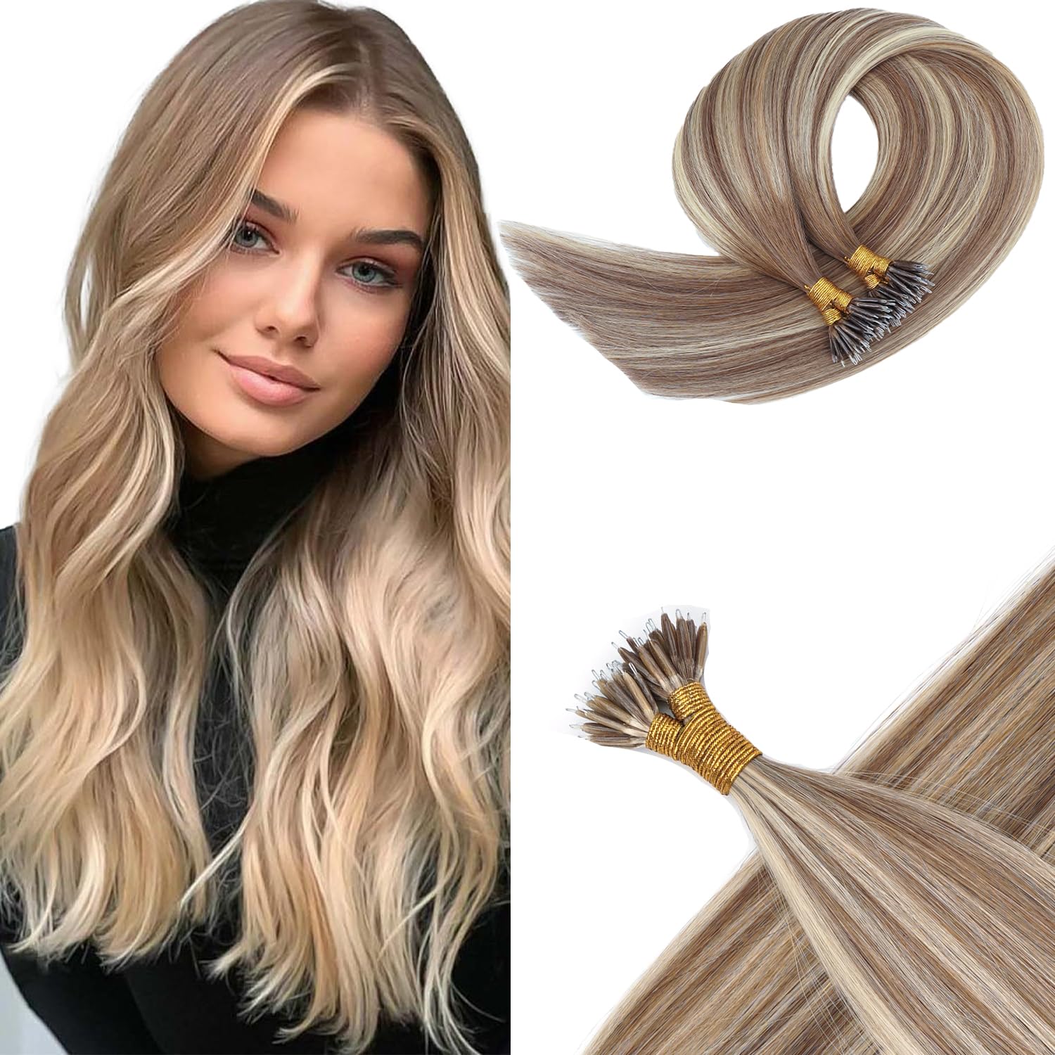 KOCONI 20 Inch Nano Ring Hair Extensions Real Human Hair Nano Beads Remy Human Hair Extensions Blonde Nano Extensions Light Brown Mixed Platinum Blonde Highlight 1g/S Nano Beads Hair 50g 9A/60 — image 1
