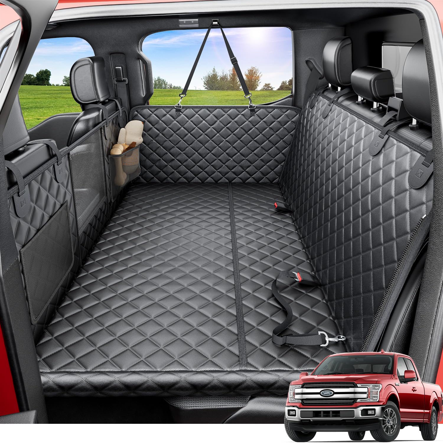 Photo 1 of REEVAA Dog Truck Seat Cover for Back Seat, Hard Bottom Dog Hammock for Car, Pet Bed Extender for 2-4 Large Dogs, Waterproof Seat Protector, Universal XL Size Fits for Crew Cab Truck/SUV, Black