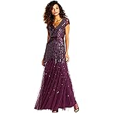 Adrianna Papell Womens Long Beaded V-Neck Dress with Cap Sleeves and Waistband