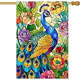 BlissYard Peacock House Flag 28x40 Inch Double Sided Garden Flag with Stained Glass Floral Design for Outdoor Decor, Colorful Bird Yard Banner Porch Art Decorative Vertical Flags