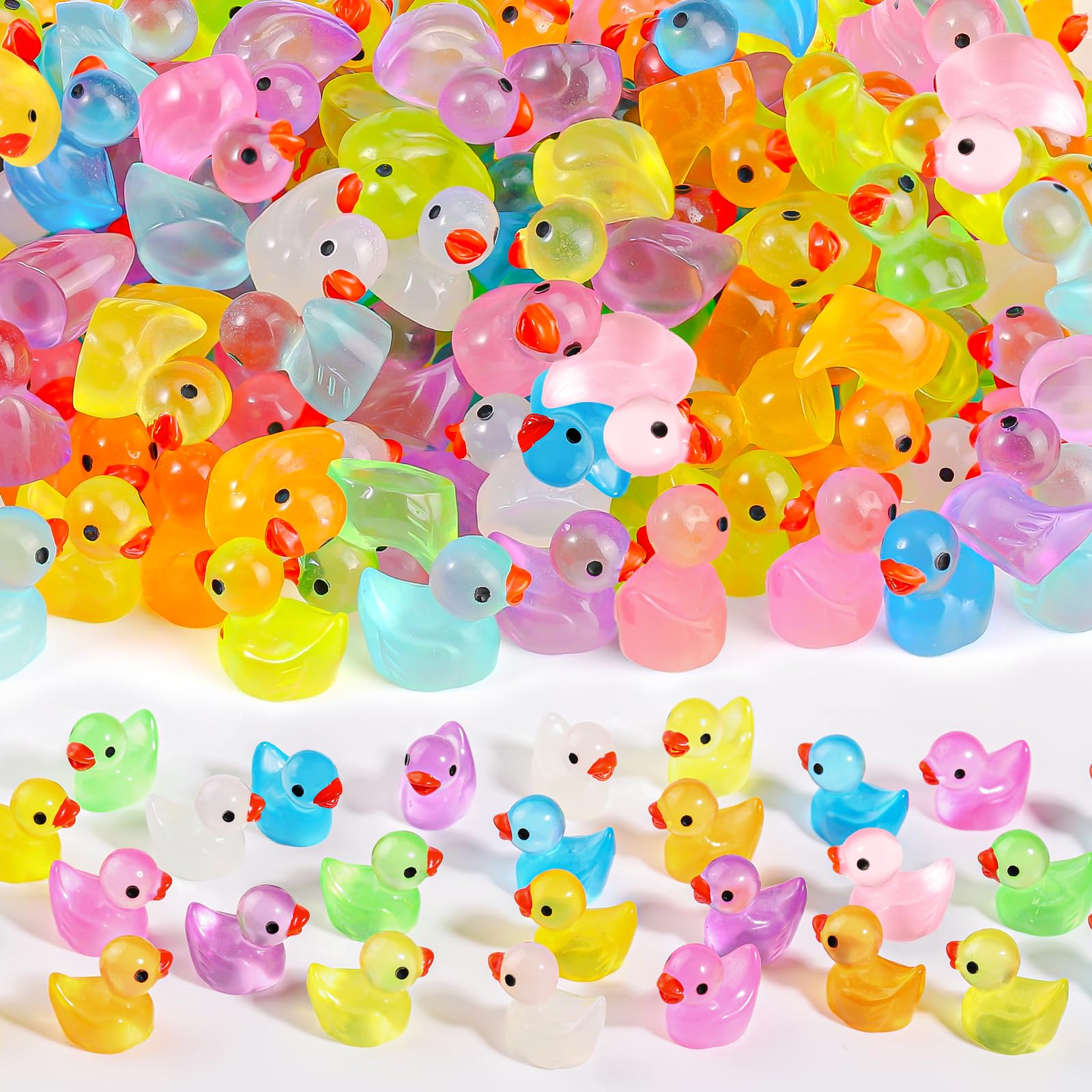 WIURGOHA 150PCS Mini Tiny Resin Ducks Little Miniature Plastic Small Ducks Bulk Glow in The Dark Figures for Dollhouse Decor Accessories Garden Micro Landscape Aquarium Potted Tiny Homes (10 Colors)