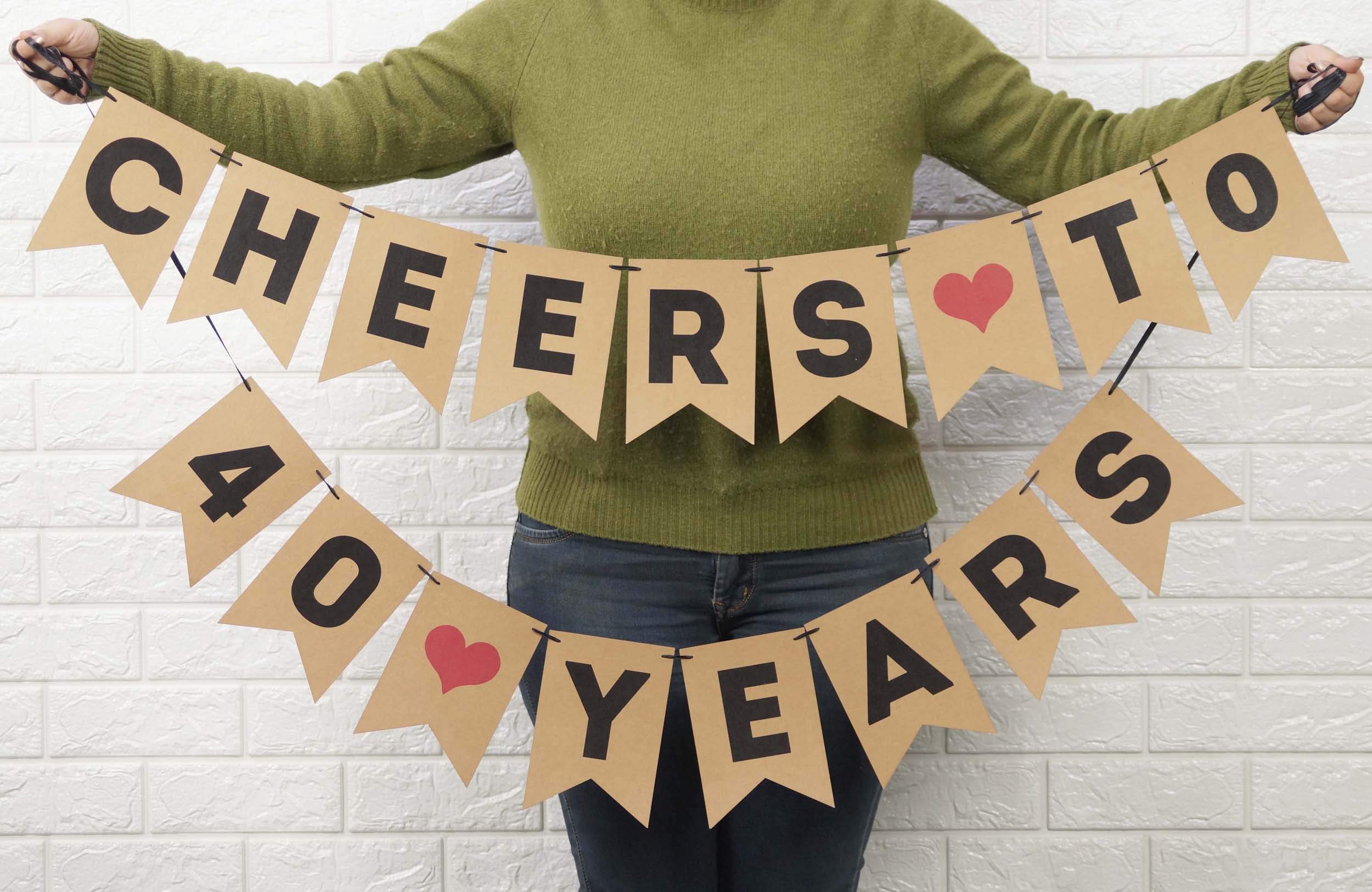 Inkdotpot Pre-Assembled Rustic Kraft Bunting Flags Cheers to 40 Years Bunting Wall Decor Birthday Banner DIY Party Supplies