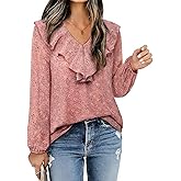 Bulotus Women Blouses Dressy Casual Chiffon V Neck Shirt Double Layered Floral Ruffle Tops Beach Vacation Summer Trendy