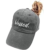 MANMESH HATT Blessed Ponytail Hat Messy Bun Vintage Washed Distressed Twill Plain Baseball Cap for Women