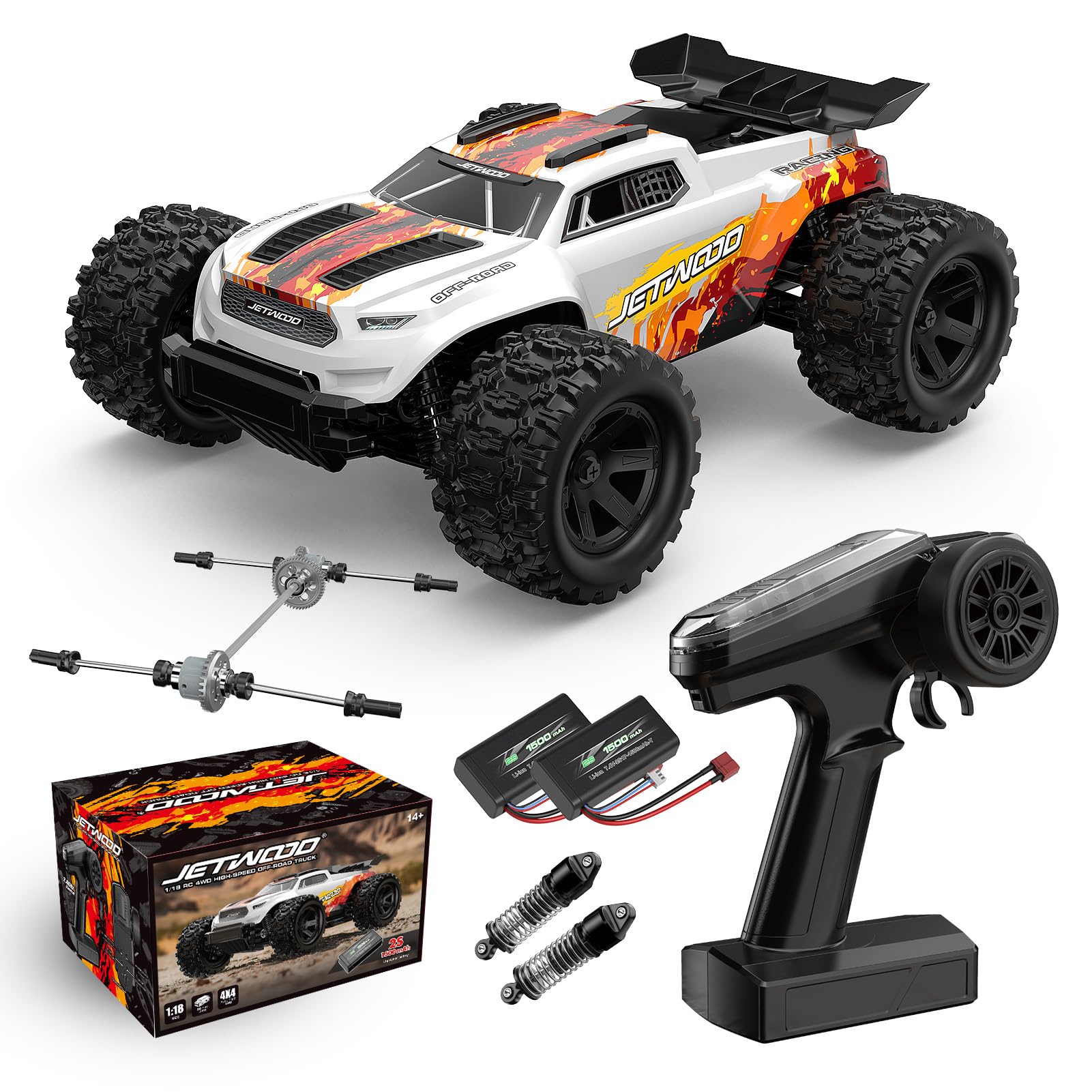 Photo 1 of ** MISING CONTROL** Jetwood 1:18 Fast Remote Control Car, Hobby Monster RC Truck 36 KPH with 2.4 GHz Radio Control, All Terrain Adults RC Car, 4X4/Oil-Filled Shocks/Off-Road with Two Li-Po Batteries, JC18W White