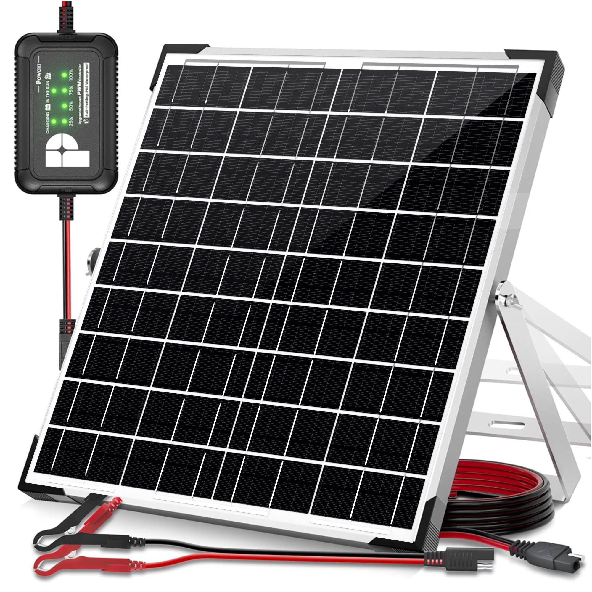 POWOXI 10W 12V Solar Panel Kit, Monocrystalline Solar Battery Trickle Charger Maintainer + Upgrade 10A Smart Battery Protection Controller for Car, RV, Boat, Caravan & Outdoor Use
