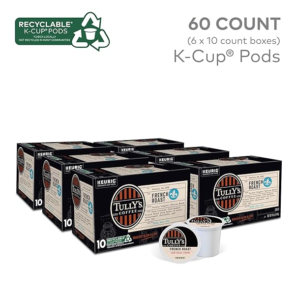 TULLY’S COFFEE FRENCH ROAST, KEURIG SINGLE SERVE K-CUP PODS, DARK ROAST COFFEE, 60 COUNT, (PACK OF 10)