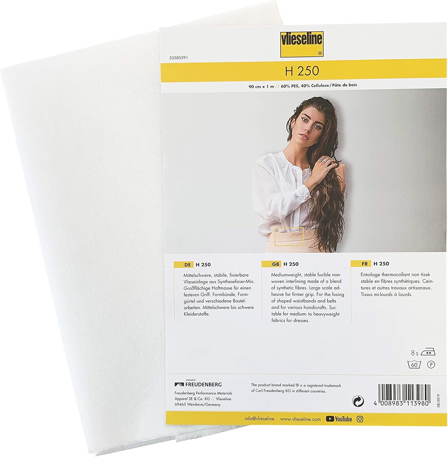 Vlieseline H 250 Bügeleinlage, Weiß, 90 cm x 1 M
