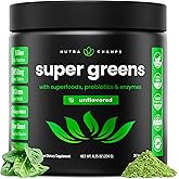 NutraChamps Super Greens Powder Premium Superfood | 20+ Organic Green Veggie Whole Foods | Wheat Grass, Spirulina, Chlorella | Antioxidant, Digestive Enzyme & Probiotic Blends (9.0 Oz, Unflavored)