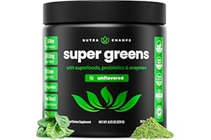 NutraChamps Super Greens Powder Premium Superfood | 20+ Organic Green Veggie Whole Foods | Wheat Grass, Spirulina, Chlorella | Antioxidant, Digestive Enzyme & Probiotic Blends (9.0 Oz, Unflavored)