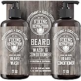 Viking Revolution Beard Wash & Conditioner Set w/Argan & Jojoba Oils – Softens, Smooths & Strengthens Beard Growth - Natural Peppermint and Eucalyptus Scent - Shampoo (17 oz)