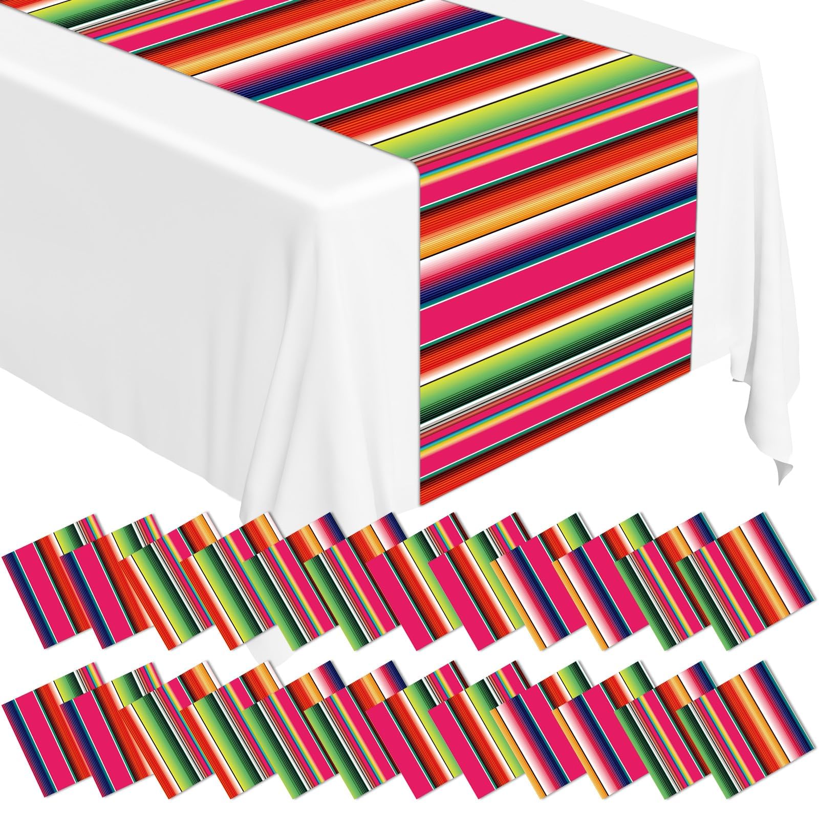 Photo 1 of Lonfliness 12 Pack Plastic Mexican Table Runner Disposable Dia De Los Muertos Mexican Serape Runner 14 x 84Inch Colorful Striped Day of The Dead Table Cover for Fiesta Party Taco Party Decor Supplies