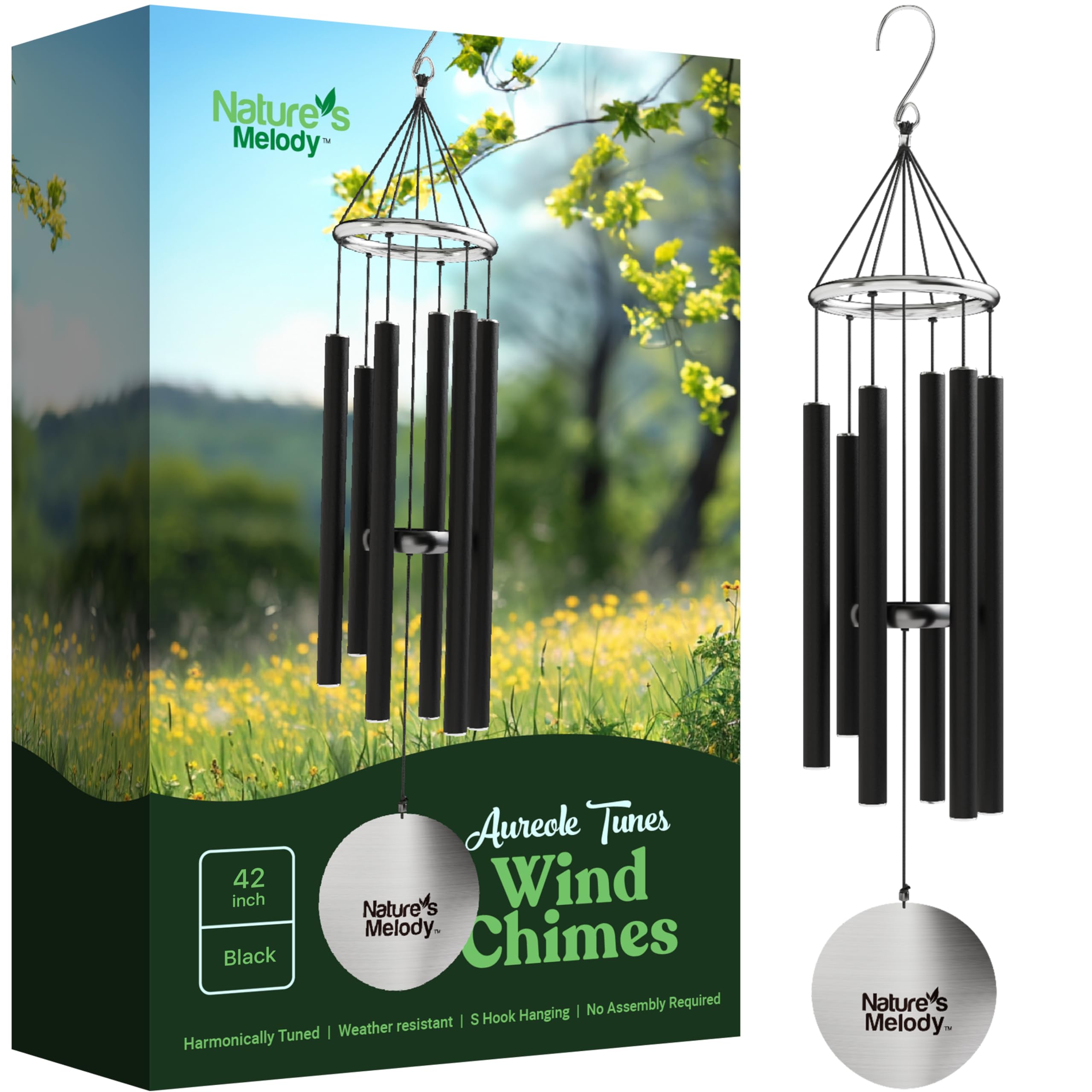 Nature's Melody Aureole Tunes Wind Chimes - Outdoor Windchime with 6 Tubes Tuned to E Pentatonic Scale, 100% Rustproof Aluminum, Powder Finish & S Hook Hanger for Sympathy, Memorial Gift or Zen Garden — image 1