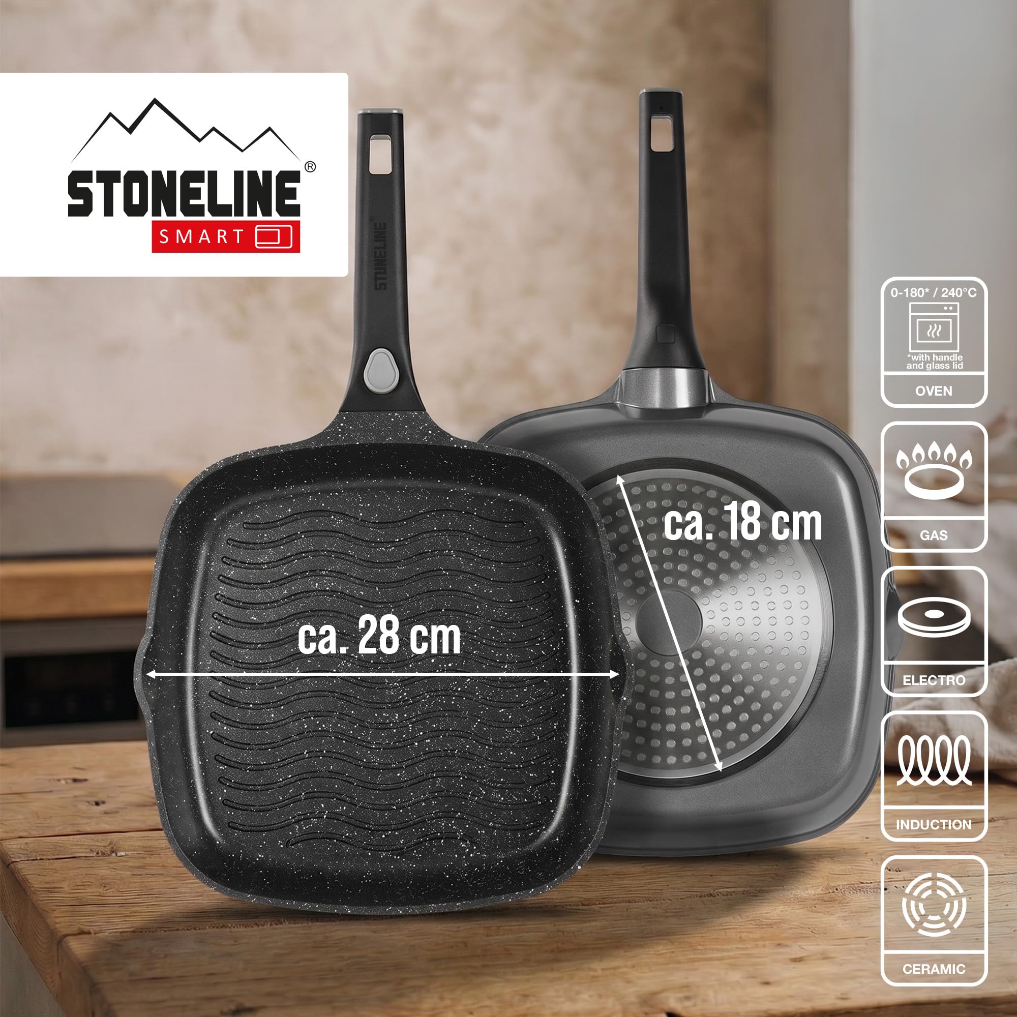 STONELINE SMART Grillpfanne 28 cm ☆ REDESIGN 25/26 ☆ Große Steak Pfanne Aluguss, Abnehmbarem Griff, Pfanne Induktion, Alle Herdarten, Antihaftbeschichtet mit echten Steinpartikeln, Grau 3