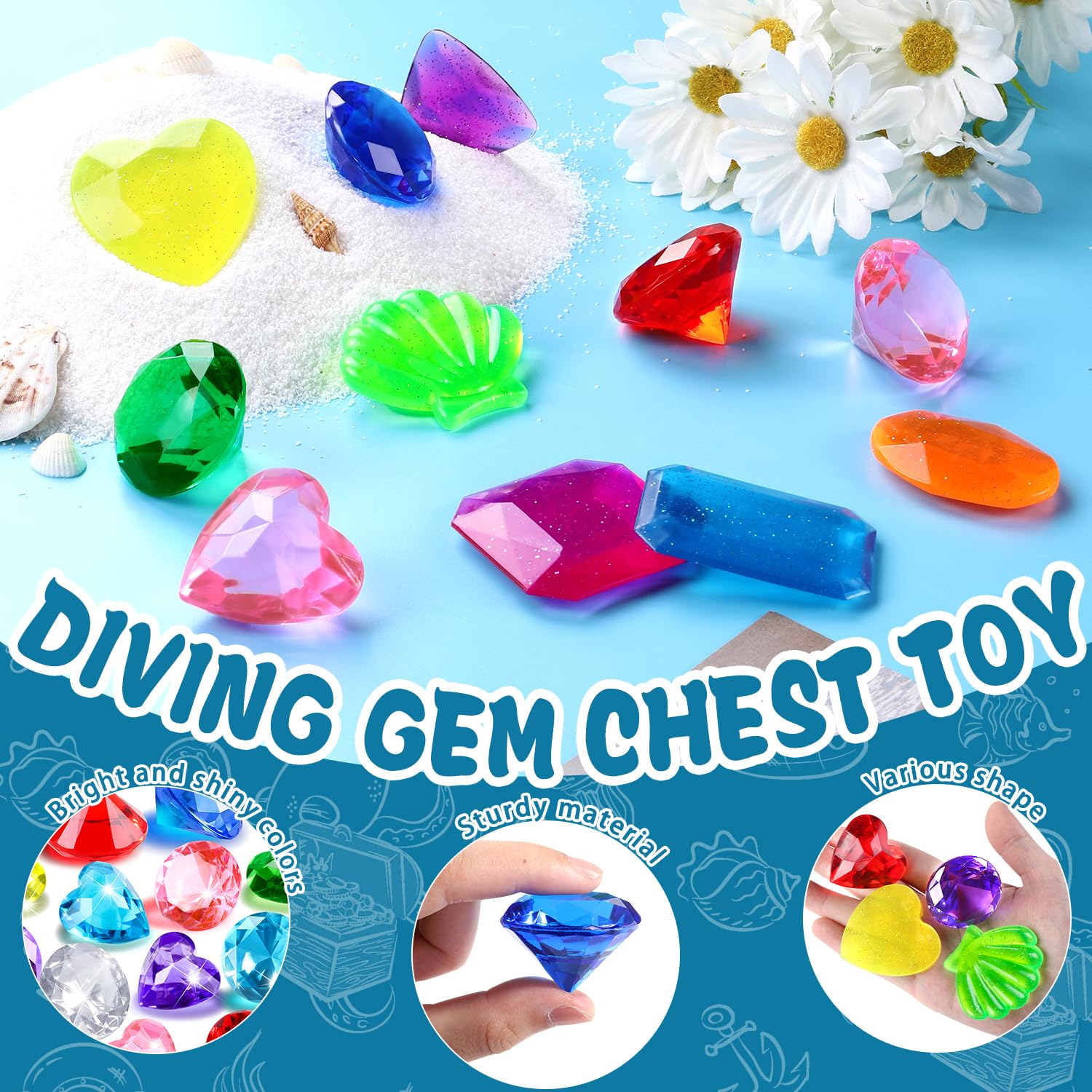 18PCS Diving Gem Pool Toys, Acrylic Big Colorful Diamonds Pirate Treasure Diving Gems Underwater Swimming Toys for Kids Summer Pool Beach Party Favor Games Present