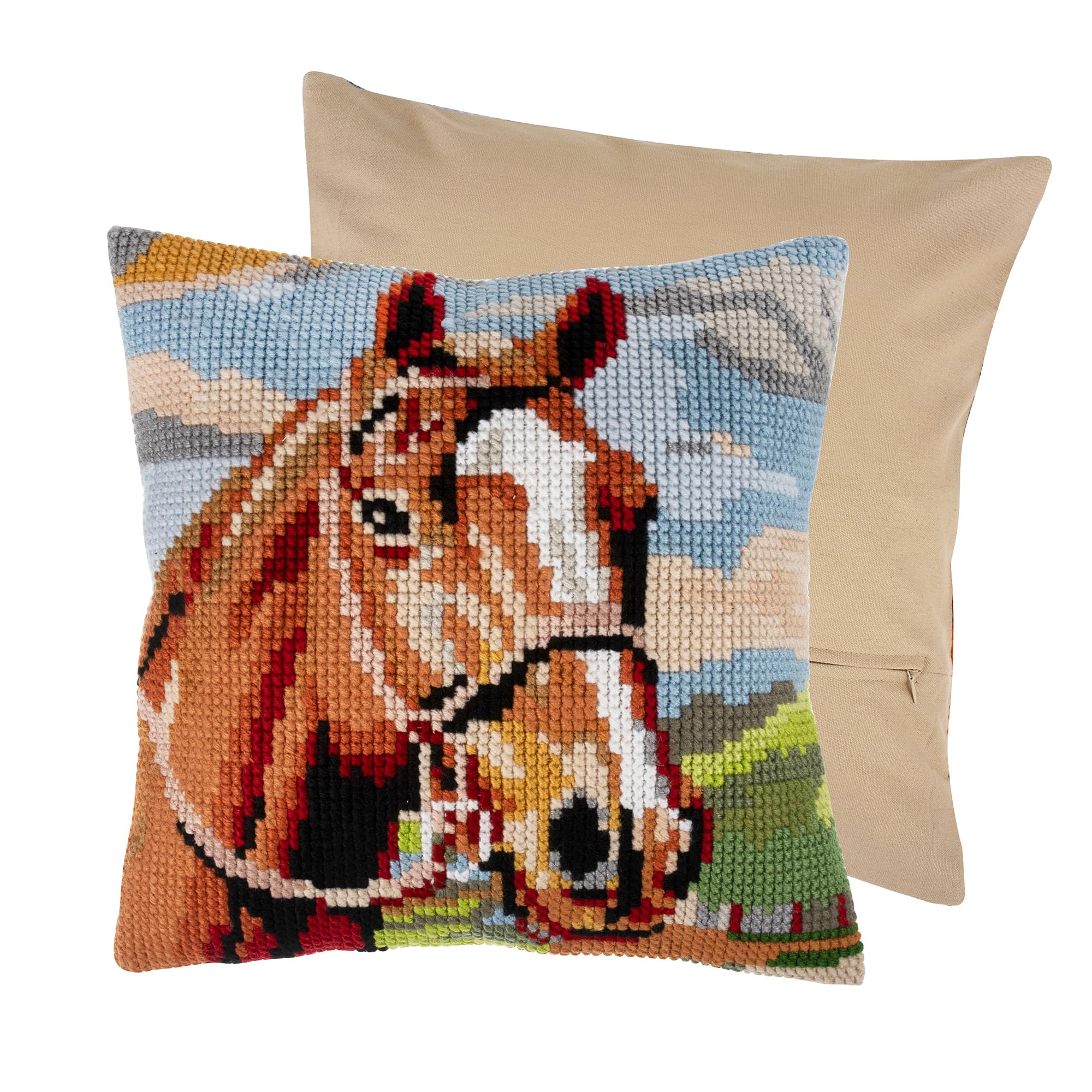 Trimits Cross Stitch Cushion Kit, Cushion Back Included, Pre Printed Canvas, Yarn and Needle Included 40 x 40cm (15.75 x 15.75in), Horse Brown