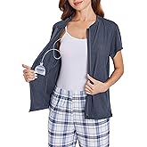 Deyeek Mastectomy Shirts with Drain Pockets Post Shoulder Surgery Tops for Women Chemo Port Short Sleeve with Zippers