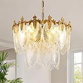 Antique Chandeliers 2-Layer Gold Crystal Glass Chandelier, 4-Light Round Pendant Light 17.7" Brushed Brass Adjustable Height,