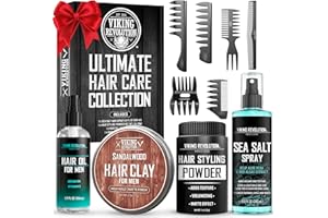 Viking Revolution Ultimate Hair Care Collection - Styling Hair Kit Includes Sea Salt Spray (8.8fl oz), Texture Powder (1oz), HairClay (2 oz), Comb Set (6 Pieces) and Oil (1.7fl oz) - Men Gifts