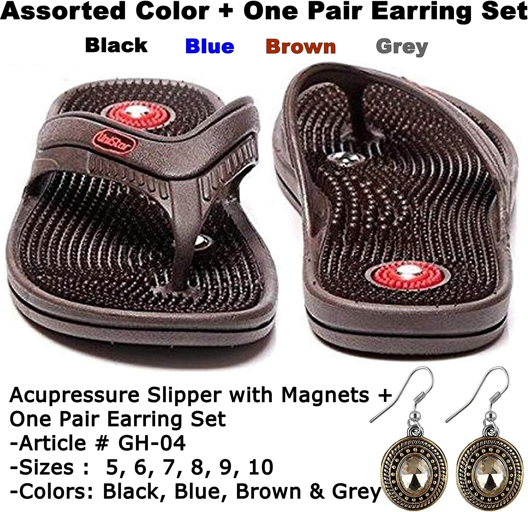 Super India Store Acupressure Slipper with Magnets for Pain Relief & Total Health Useful for Heel Knee Leg Pain Sciatica Cramps Migraine Depression + One Pair Earring Set- Assorted Color (9)