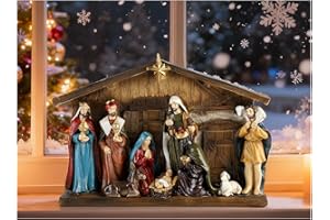 Magicsculp Christmas Nativity Scene Set - 12" W One Piece Holy Family Sculpture with Manger, Nativity Religious Tabletop Decorations, Hand Painted Resin Catholic Decor for Tabletop & Shelf