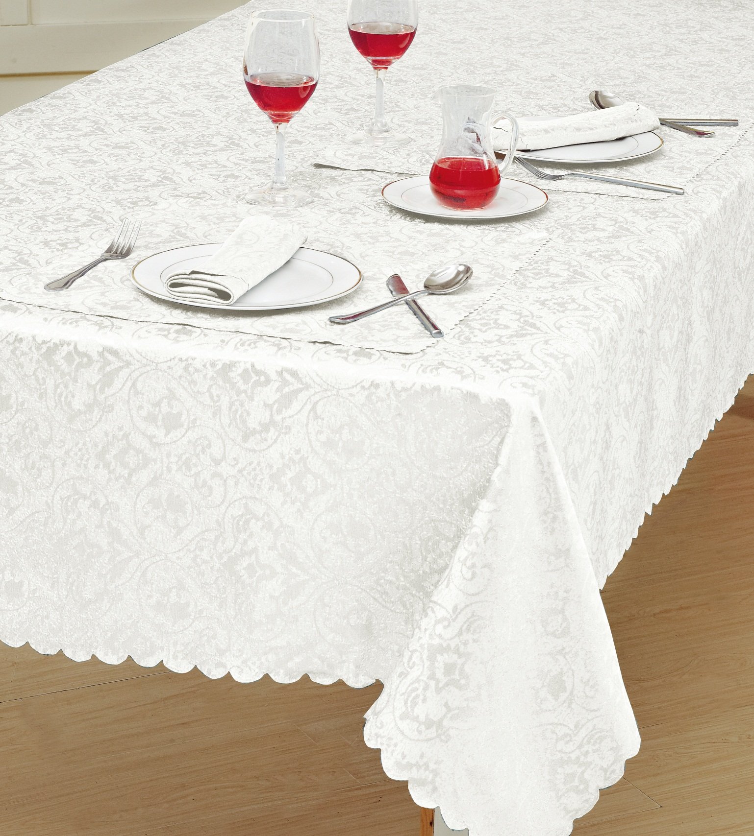 Prime Linens Home Decorative Classic Damask Printed Jacquard Tablecloth Rectangle Round Runner Napkin Table Cover Cloth Protector for Kitchen Picnic (White, Rectangle 70" x 108")