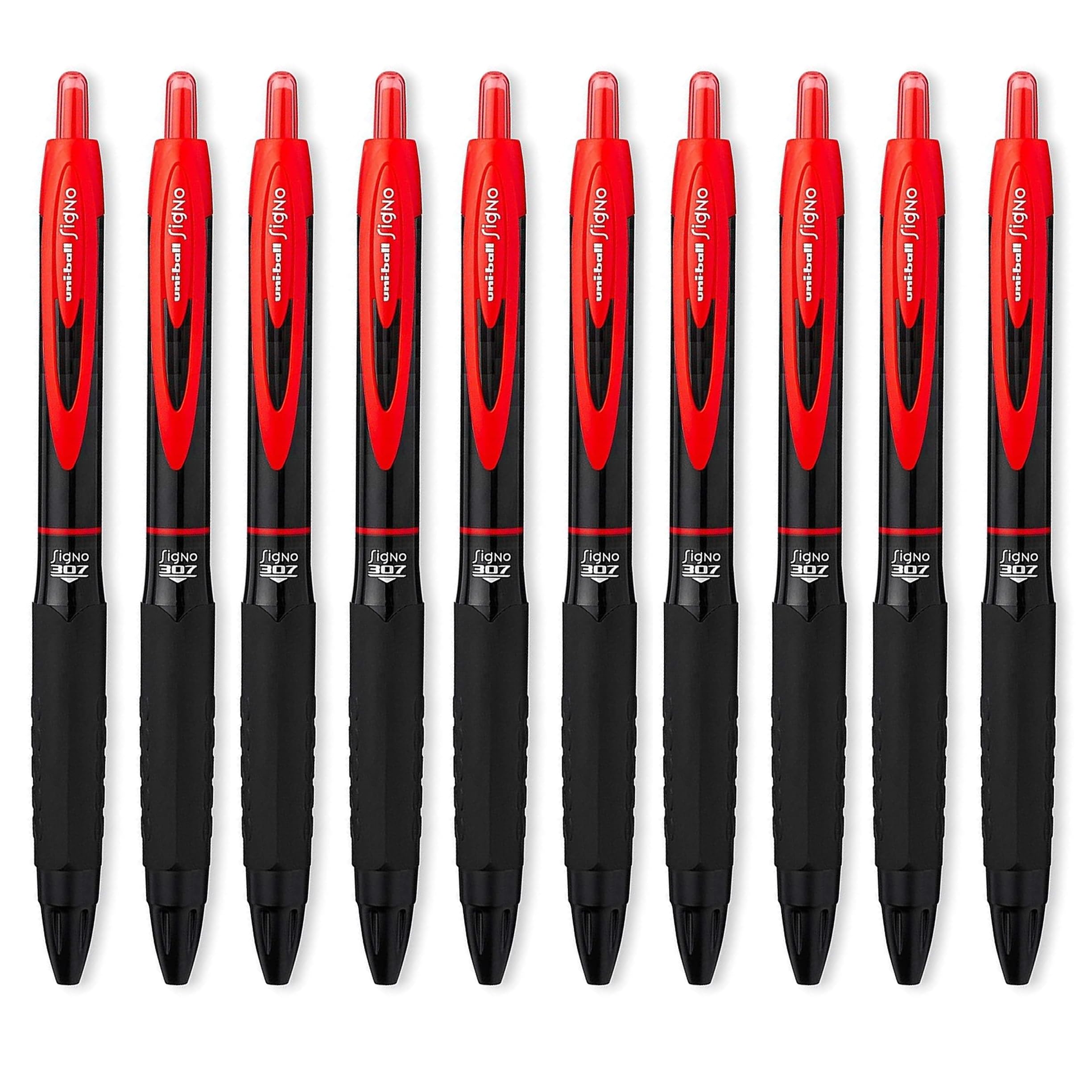 uni-ball Signo 307 - Fine Retractable Rollerball Pen - Pack of 10 - Red Ink - UMN-307
