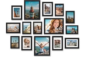 Vittanly 15 Pack Picture Frames Collage Wall Decor for Mounting or Tabletop Display, Gallery Frame Set for Family, Multi Sizes Including 3pcs 8x10, 6pcs 5x7, 6pcs 4x6, Black