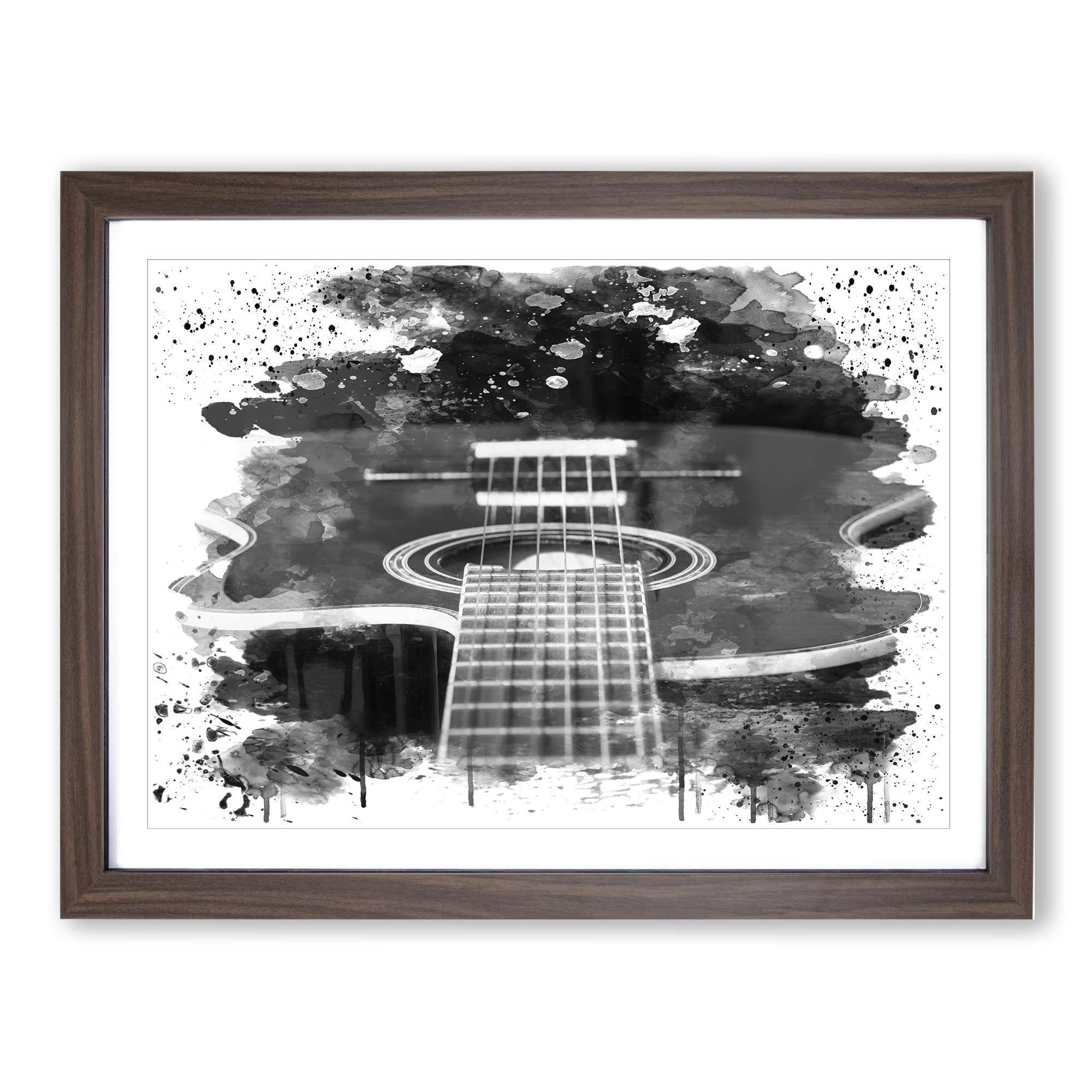 Guitar Black and White V3 Modern Framed Wall Art Print, Ready to Hang Picture for Living Room Bedroom Home Office Décor, Walnut A4 (34 x 25 cm)