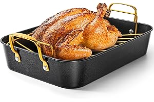 MICHELANGELO Roasting Pan with Rack, Carbon Steel Turkey Roasting Pan for Oven and Induction, Nonstick Turkey Roaster Pan with Stainless Steel Golden Rack & Golden Handle, 15 Inch x 11 Inch