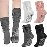 Jspupifip 4 Pairs Pilates Socks with Grips for Women, Long Slouch Non Slip Yoga Scrunch Socks for Barre Hospital Workout